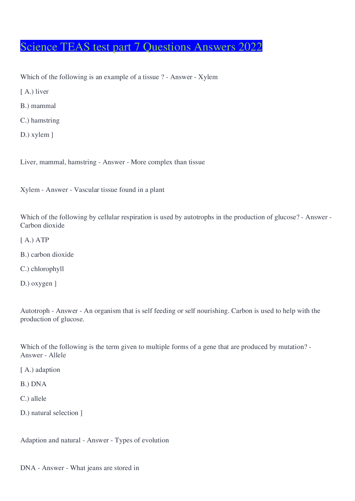 Preview image for Science TEAS test part 7 Questions Answers 2022